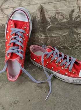 红色低帮铆钉帆布鞋男女潮流街舞朋克嘻哈情侣鞋定制款