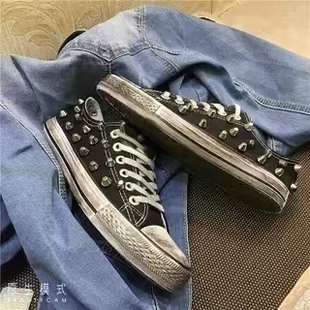 新款街舞嘻哈韩版做旧铆钉帆布柳丁朋克复古小脏男女情侣休闲鞋