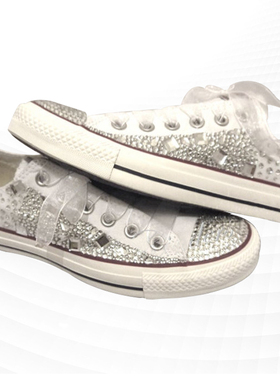 水钻丝带低帮婚礼派对帆布鞋手工定制白色大码休闲运动女鞋35-44