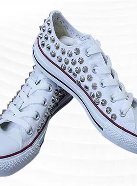 白色低帮铆钉嘻哈街舞朋克帆布鞋大码男女休闲运动鞋定制款35-44