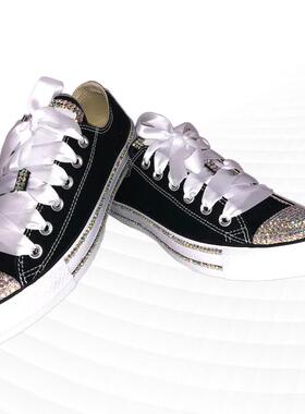 大码黑色低帮舒适休闲运动女鞋手工定制派对重工系带帆布鞋35-46