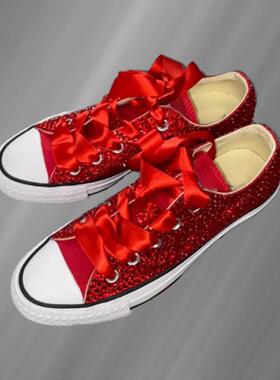 红色低帮满钻大码婚礼宴会派对帆布鞋重工女士休闲运动鞋35-44
