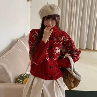 2025秋冬复古氛围感圣诞麋鹿提花立领单排扣毛衣韩系针织外套