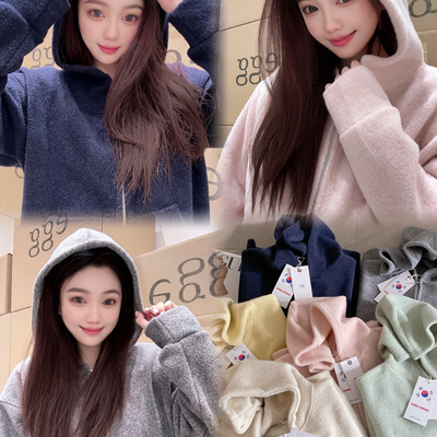 韩egg加绒加厚保暖双面绒感外套女宽松连帽长袖拉链卫衣外套