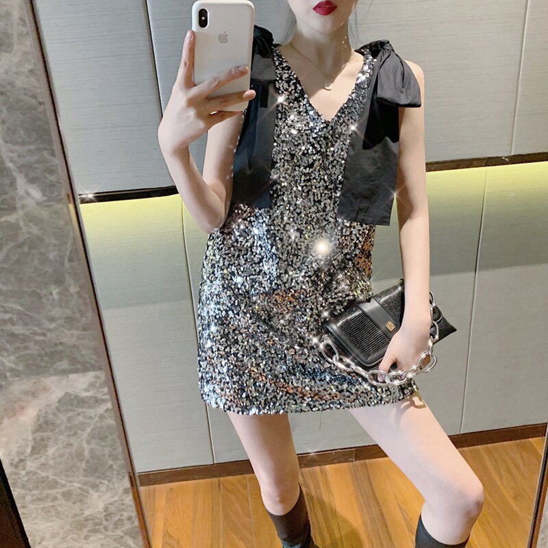 2020新款夏欧美富小姐美炸bling超仙仙气森系宽松吊带亮片连衣裙