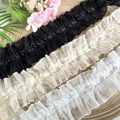 双边褶皱蕾丝边珍珠雪纺蕾丝花边布料手工diy装饰裙边领袖口装饰