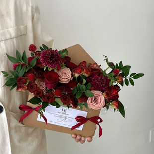 母亲节春日来信信封花盒牛皮纸鲜花花束插花盒手工DIY花店资材