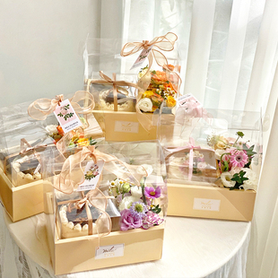 春节鲜花蛋糕盒礼盒透明一体盒花盒水果diy礼物透明花盒手提袋子
