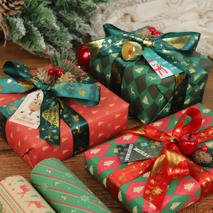 圣诞节礼物包装纸平安夜牛皮纸加丝带男女朋友可爱复古红打包材料