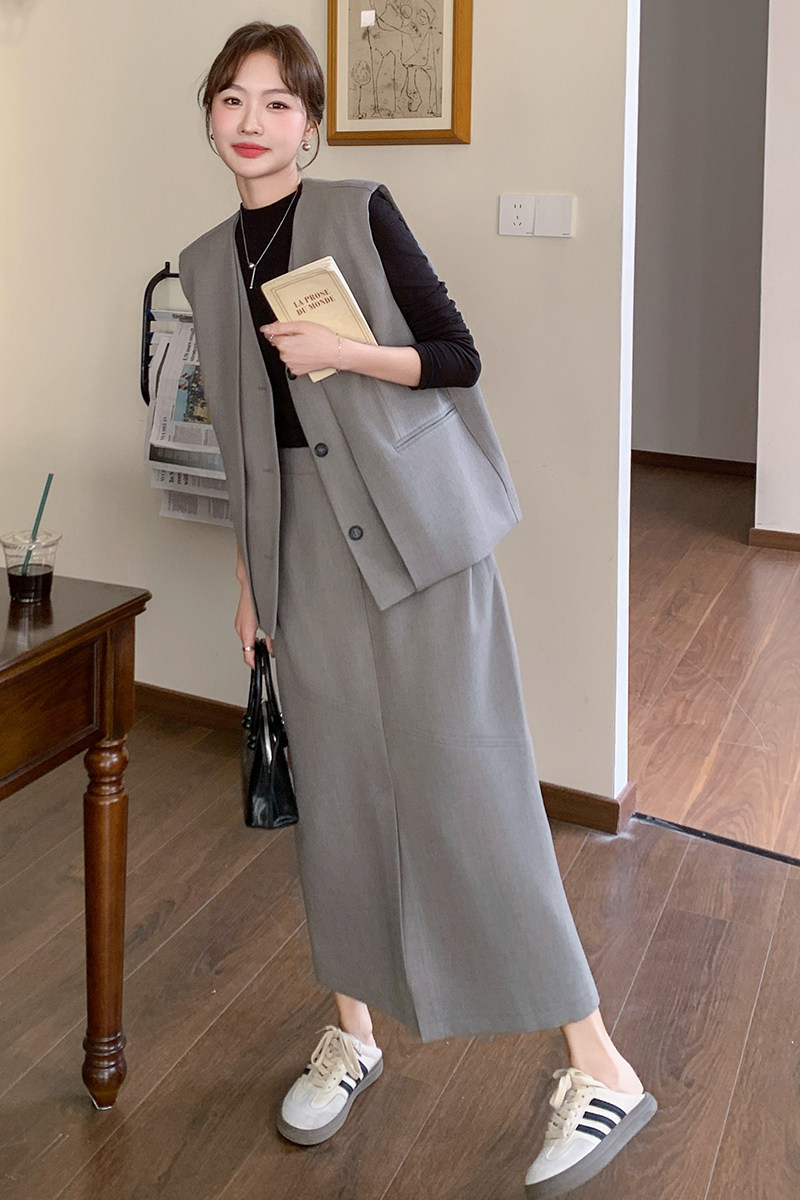 设计感灰色西装马甲套装裙女2025春季新款轻熟风气质半身裙两件套,女装套装/套裙,2C139