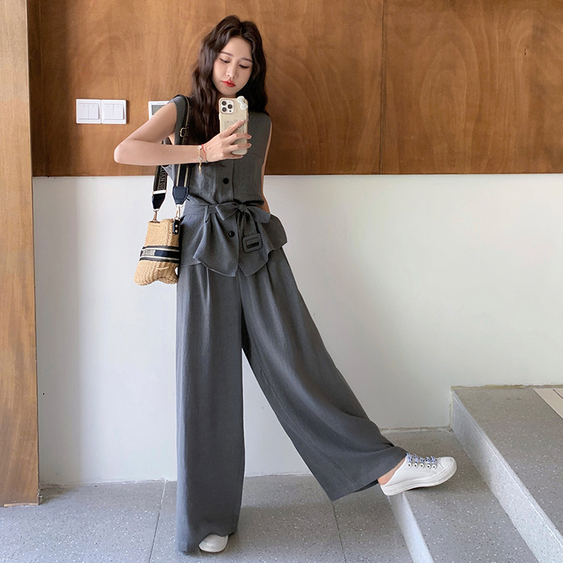 高级感通勤穿搭灰色无袖套装女夏超好看西装马甲阔腿裤气质两件套，女装套装/套裙，2C139