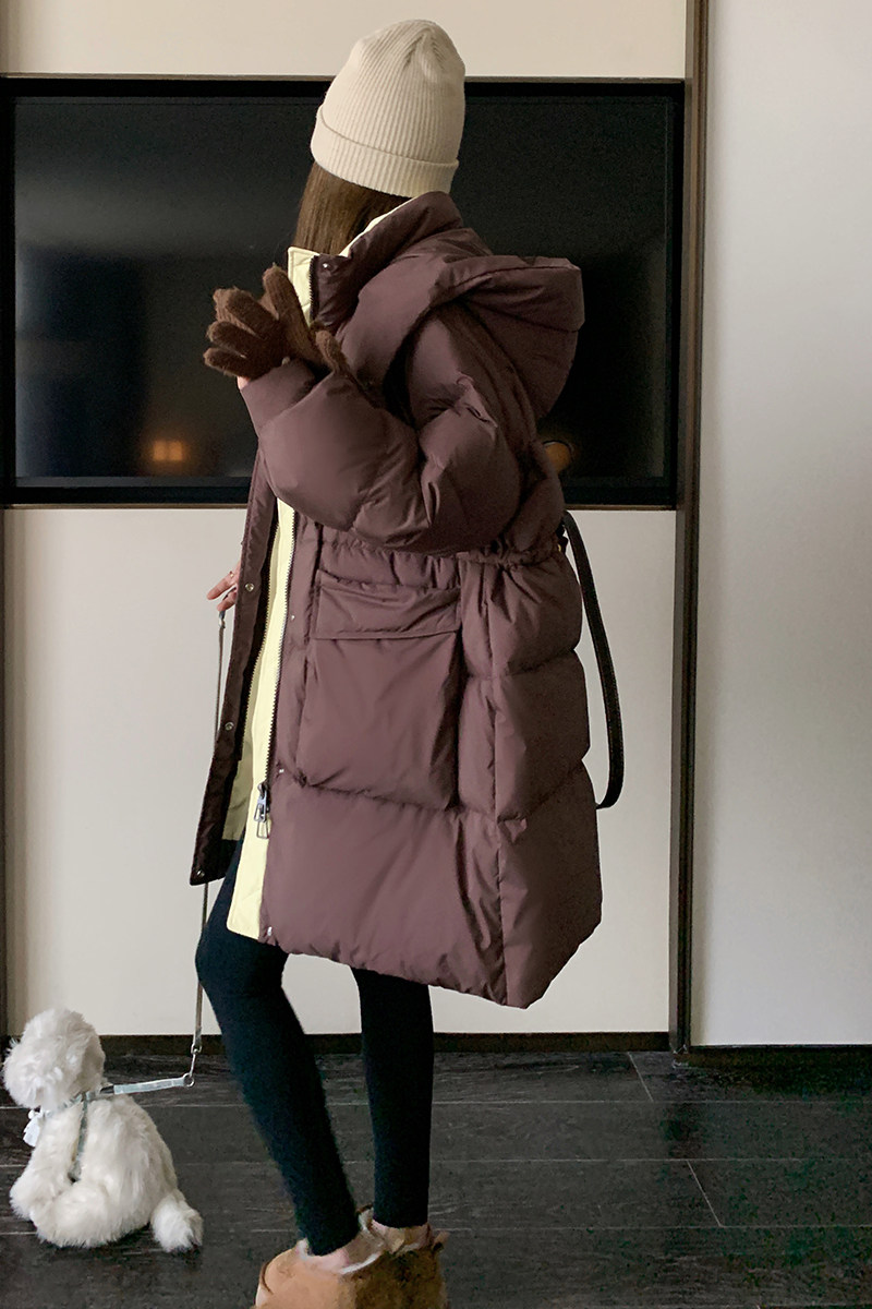 撞色连帽羽绒服女冬季新款爆款抽绳收腰小个子加厚90白鸭绒外套图片