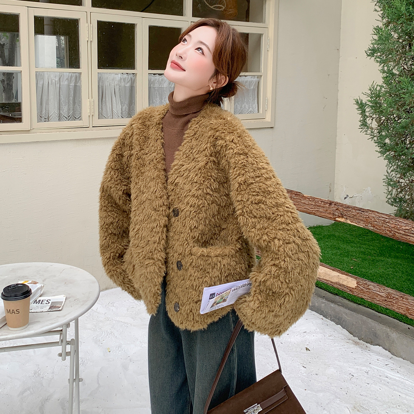 新品现货韩系V领皮毛一体2C139-838-P185-K278,女装皮草,2C139