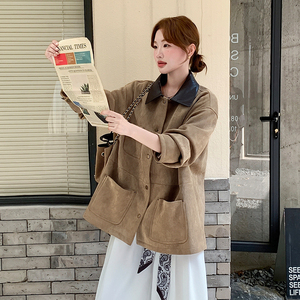卡其色复古PU皮翻领拼接麂皮绒外套女2025秋季高级感气质休闲夹克图片