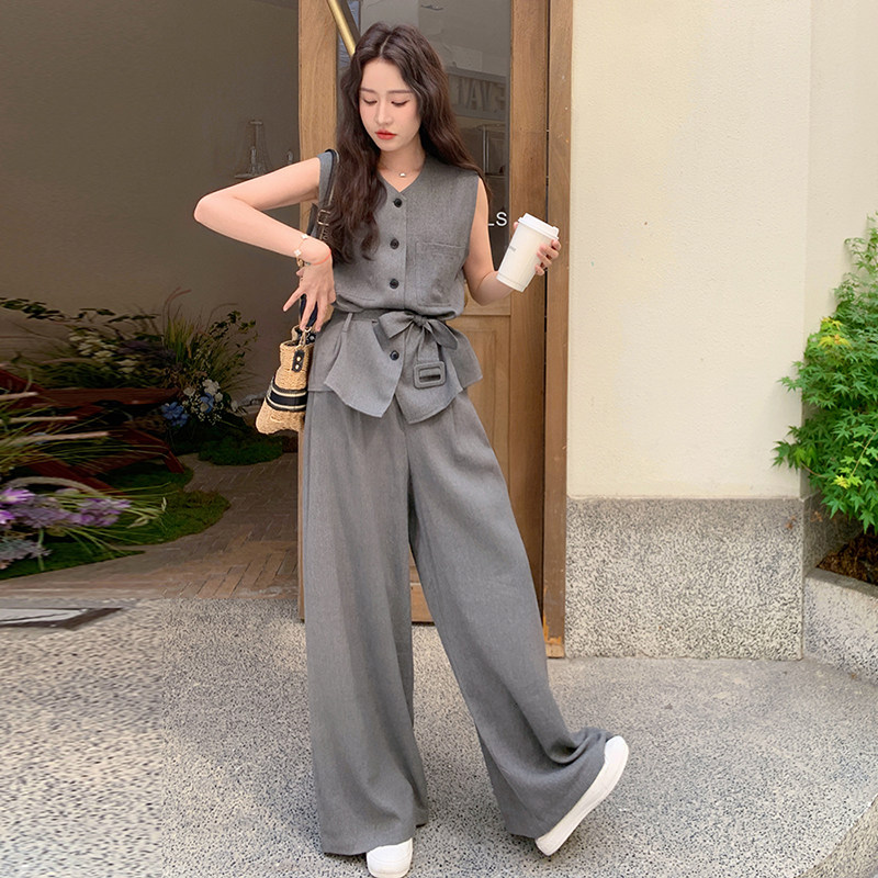 高级感通勤穿搭灰色无袖套装女夏超好看西装马甲阔腿裤气质两件套,女装套装/套裙,2C139