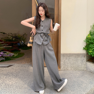 高级感通勤穿搭灰色无袖套装女夏超好看西装马甲阔腿裤气质两件套图片
