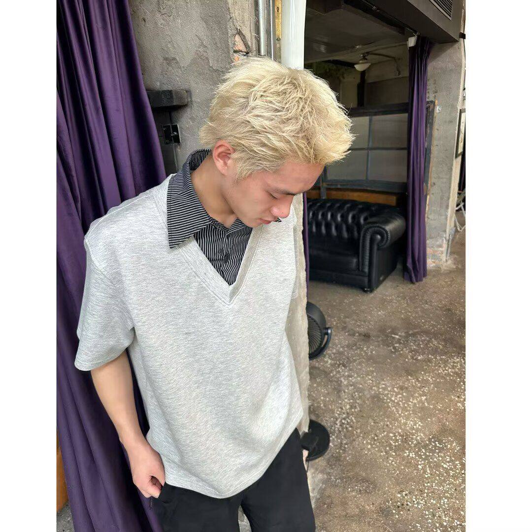 浅灰色假两件格子polo衫短袖t恤男款夏季潮牌美式复古拼接衬衫领