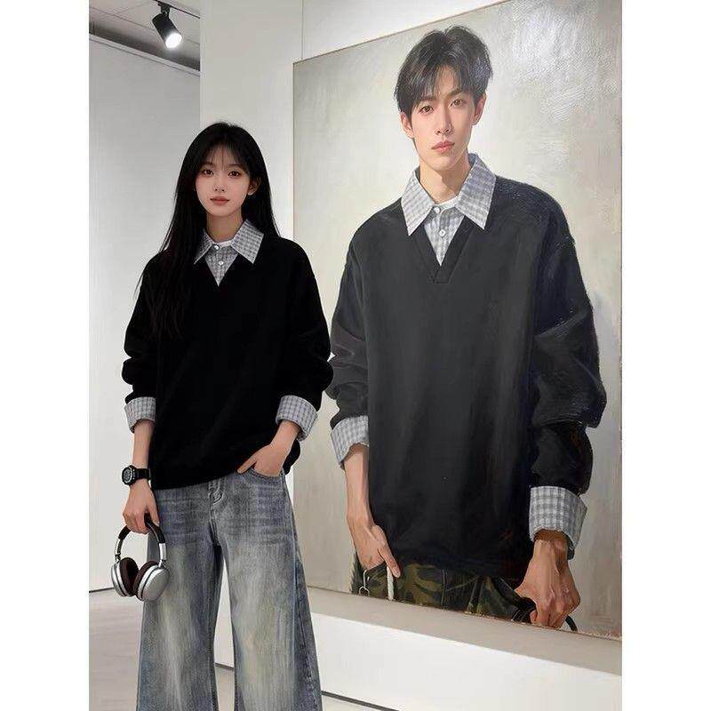 黑色假两件拼接polo衫卫衣男春秋美式潮牌设计感宽松情侣长袖上衣