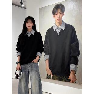 上衣 潮牌设计感宽松情侣长袖 黑色假两件拼接polo衫 卫衣男春秋美式