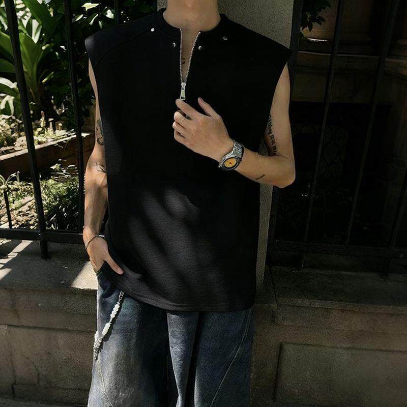 薄款休闲圆领拉链铆钉无袖坎肩背心夏季宽松运动百搭大码打底衫男