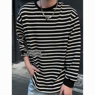 23号街区黑白条纹长袖t恤男春秋圆领卫衣宽松美式cleanfit打底衫