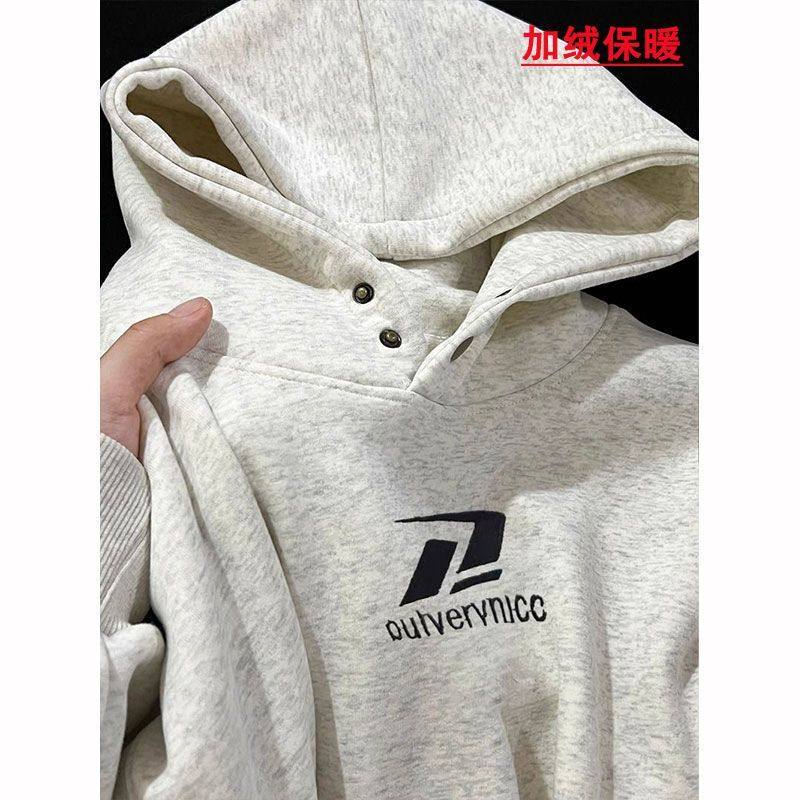 秋冬季新款潮牌简约纽扣连帽卫衣男女加绒加厚宽松潮流白灰色外套