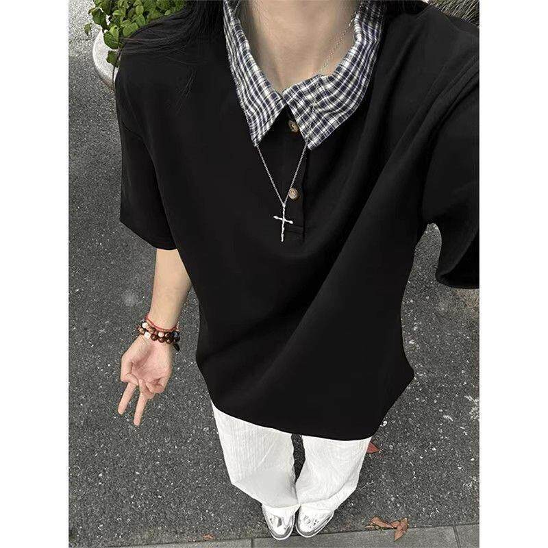 美式假两件拼接短袖POLO衫男款夏季设计感翻领格子衬衫领半袖上衣