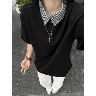 美式假两件拼接短袖POLO衫男款夏季设计感翻领格子衬衫领半袖上衣