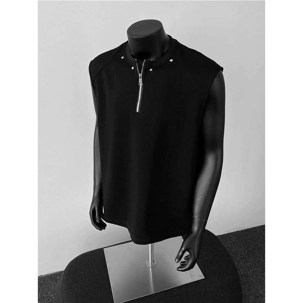 潮牌铆钉设计半拉链坎肩背心男夏季潮流街头休闲宽松百搭无袖t恤