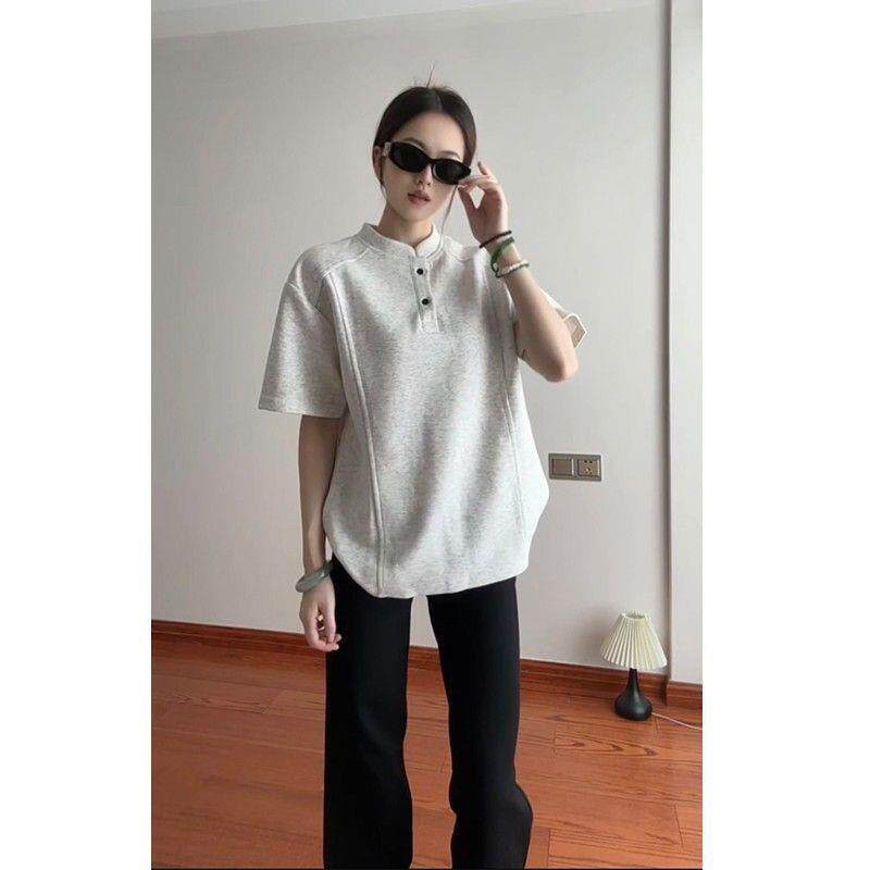 白灰亨利领正肩polo衫短袖男款夏季美式重磅立领t恤高级感半截袖