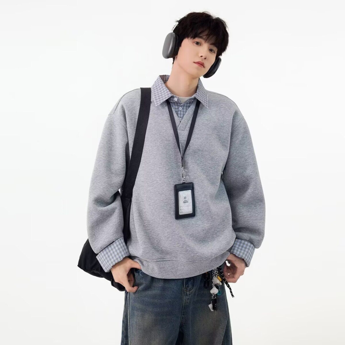 黑色假两件拼接polo衫卫衣男春秋美式潮牌设计感宽松情侣长袖上衣