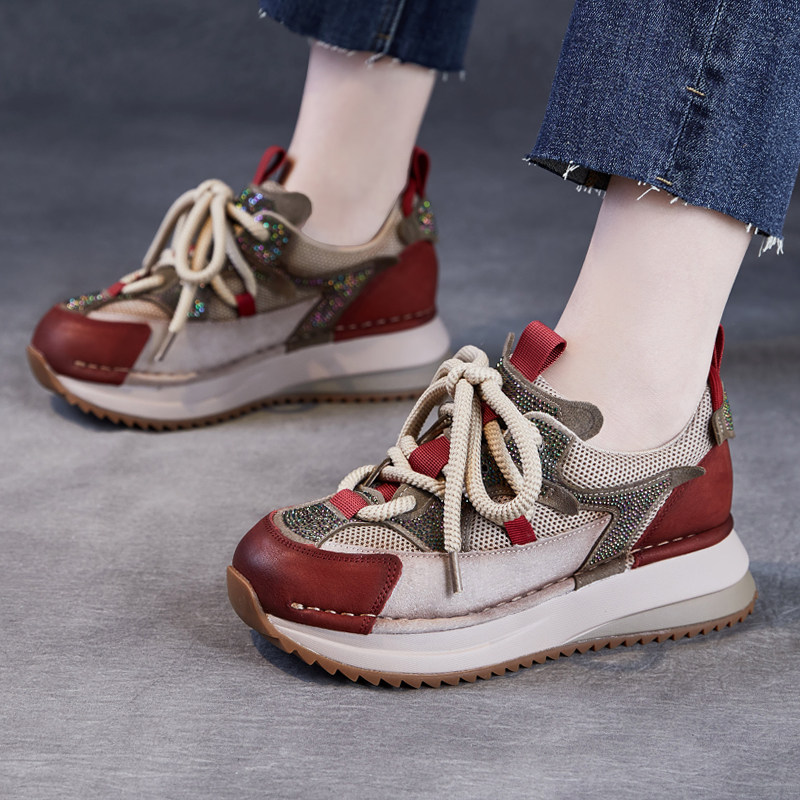 真皮复古老爹鞋头层牛皮2025新款厚底休闲运动鞋女款烫钻红色单鞋