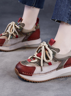 真皮复古老爹鞋头层牛皮2025新款厚底休闲运动鞋女款烫钻红色单鞋