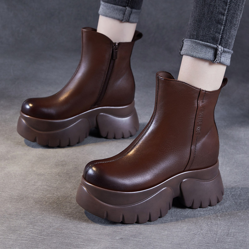 内增高马丁靴女2025秋冬新款棕色厚底复古真皮小个子高跟短靴加绒