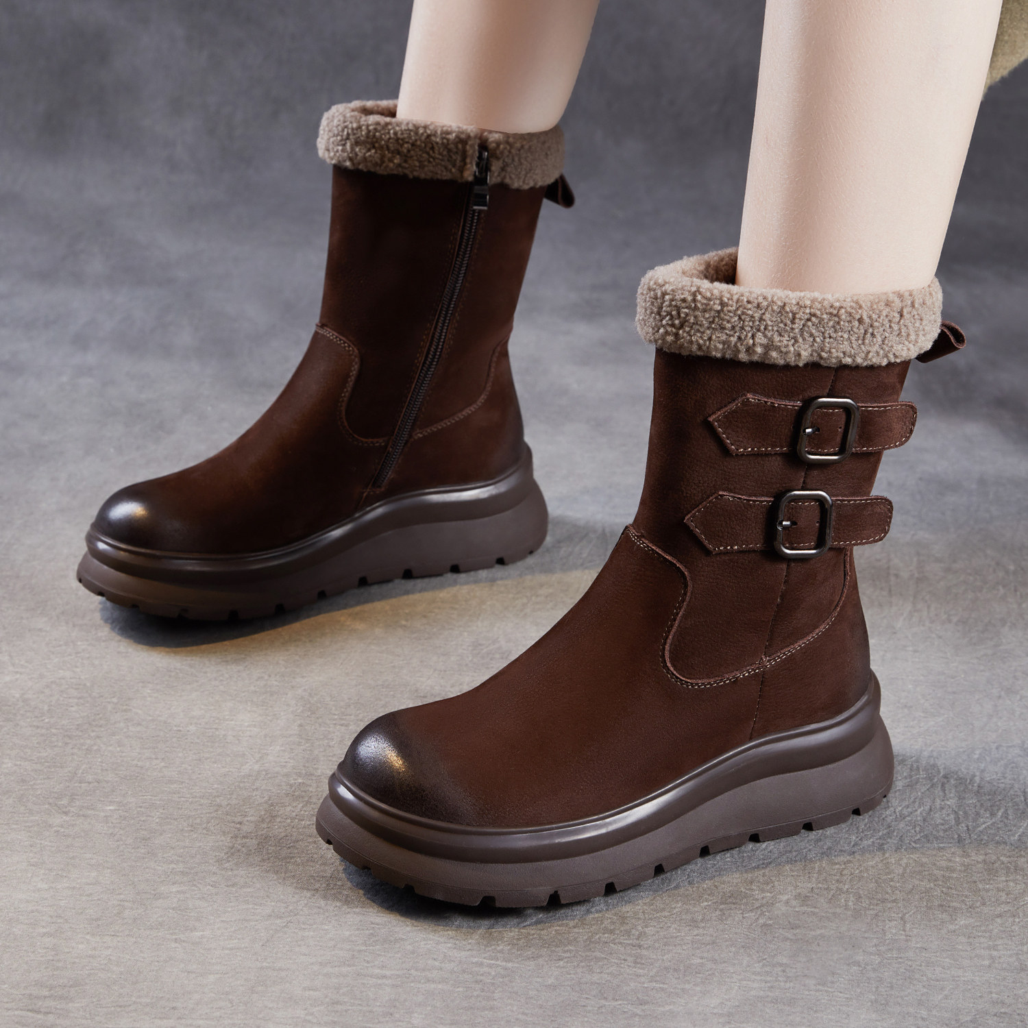 真皮中筒马丁靴皮带扣保暖雪地靴