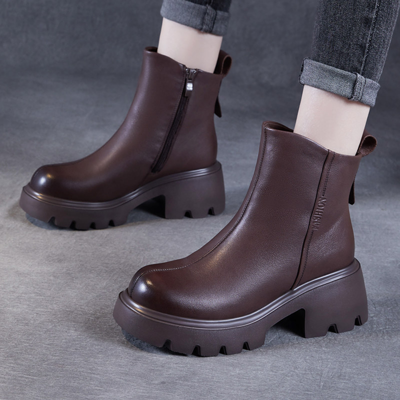 真皮粗跟厚底复古马丁靴女2025秋冬季新款百搭时尚休闲加绒短靴子