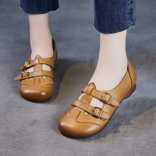 2025春夏季新款真皮玛丽珍平底休闲浅口单鞋圆头软底双皮带扣女鞋