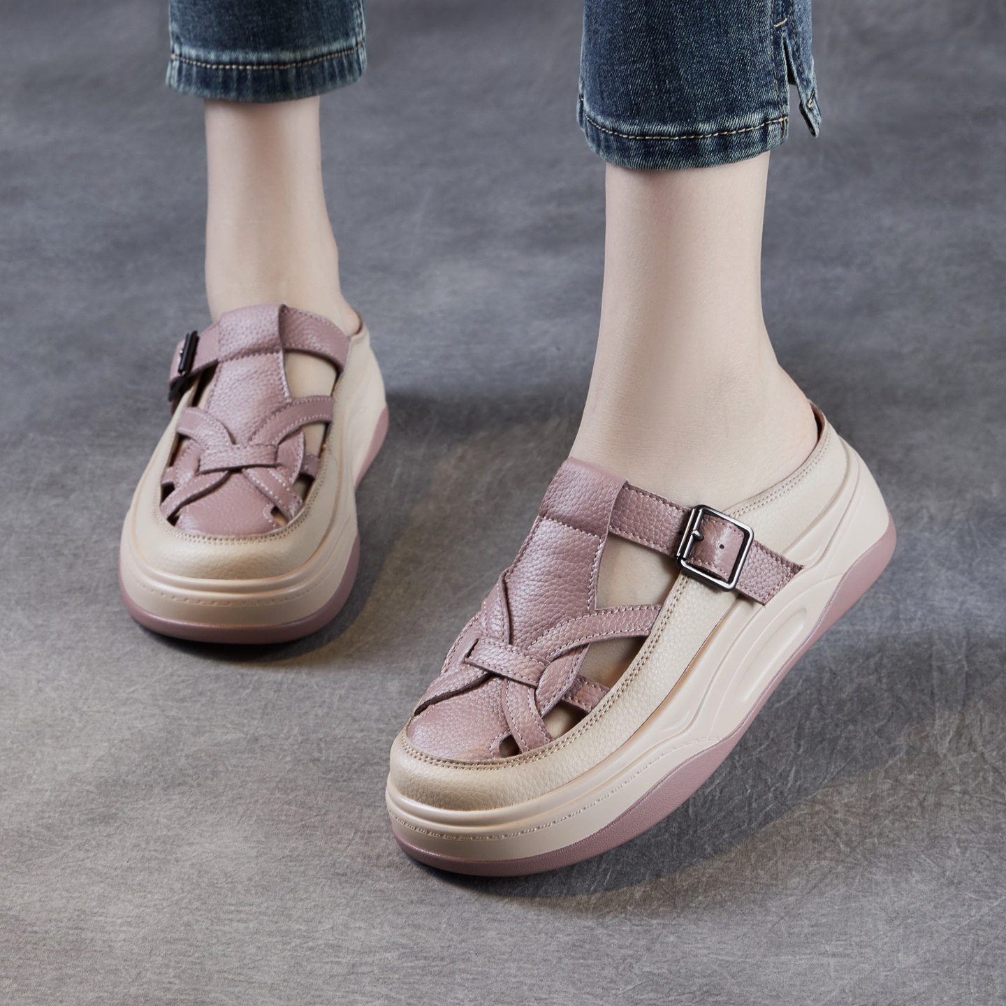 真皮包头穆勒拖舒适凉拖鞋2025夏季新款外穿休闲编织拖鞋厚底女鞋