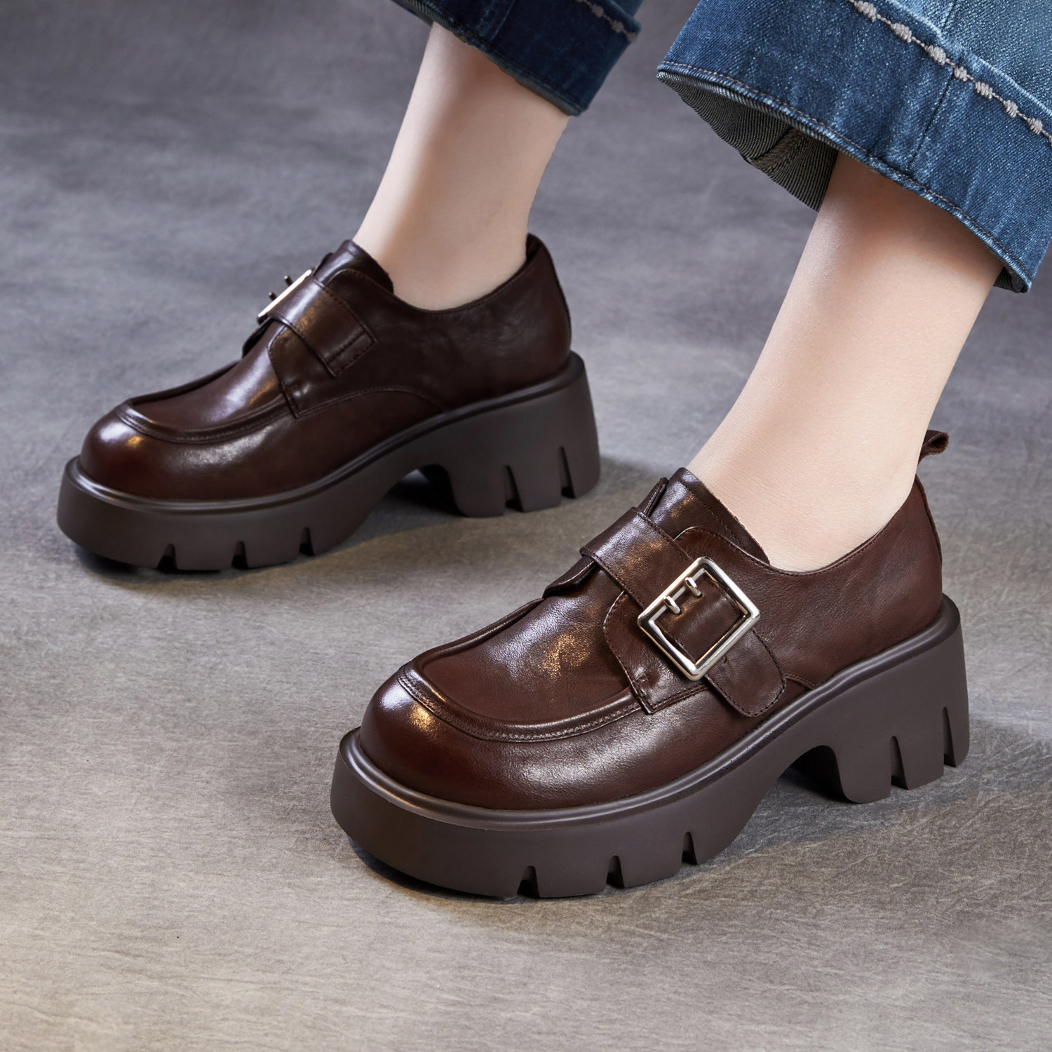 轻奢头层牛皮乐福鞋女2026春季新款复古英伦风单鞋厚底增高小皮鞋