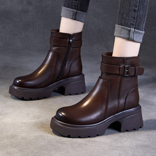 风皮带扣真牛皮机车短筒靴