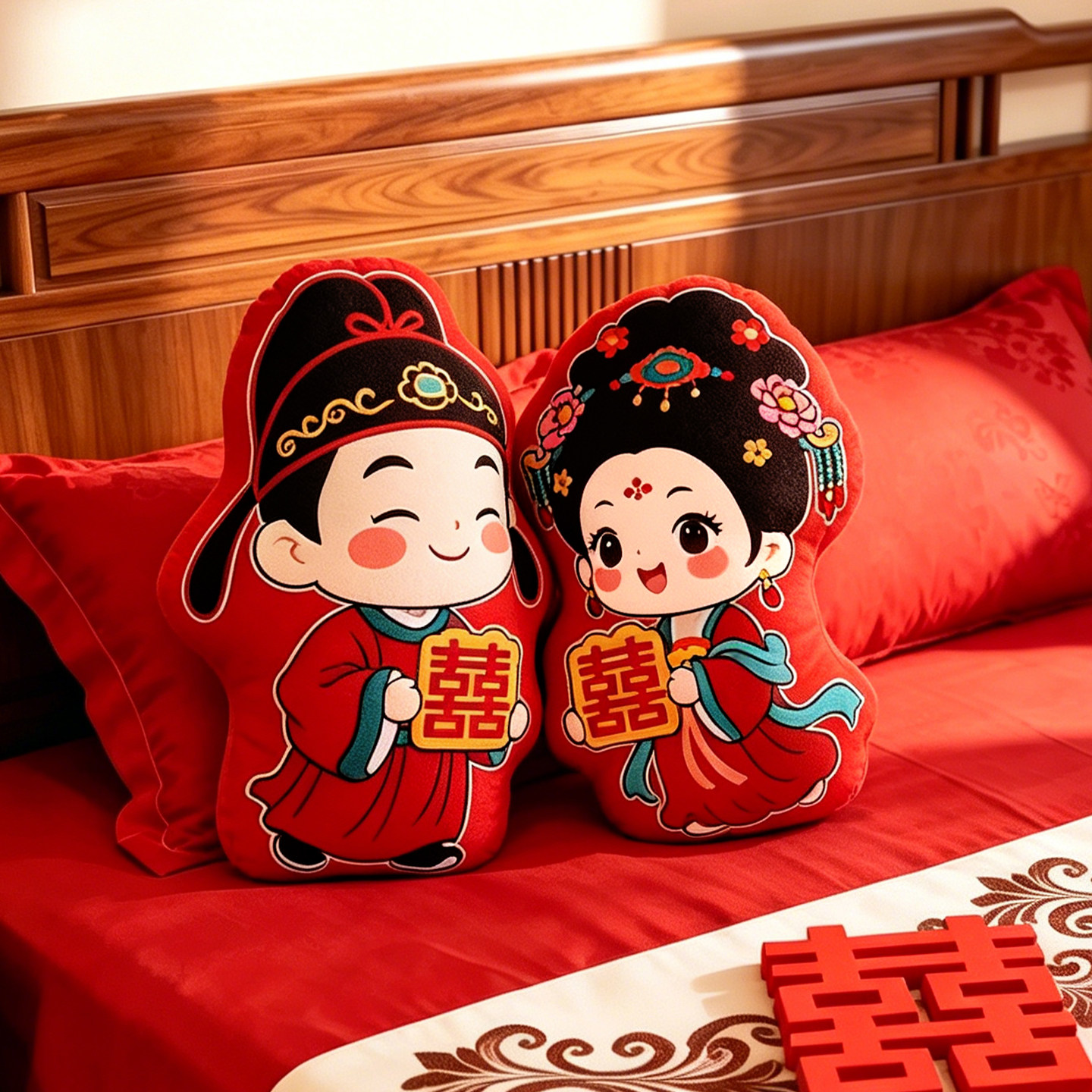 结婚喜字抱枕一对红色压床娃娃图片