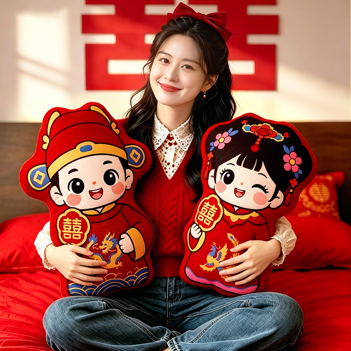 结婚压床娃娃一对喜字抱枕婚礼婚房布置公仔摆件新婚礼物婚庆用品