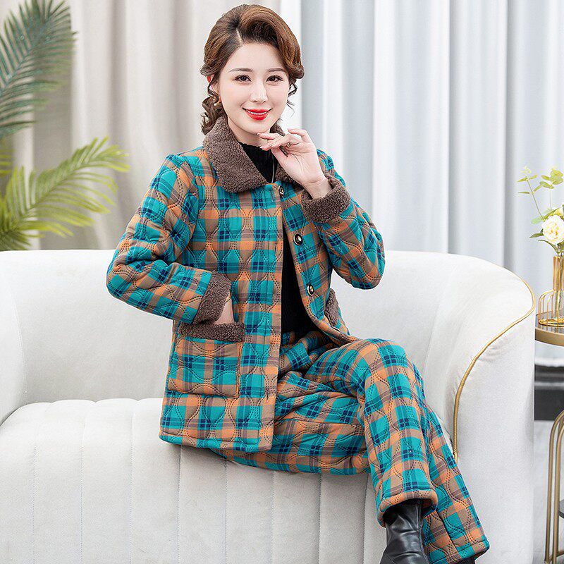 秋冬中老年妈妈装加绒保暖格子两件套装洋气休闲居家棉服女士棉衣