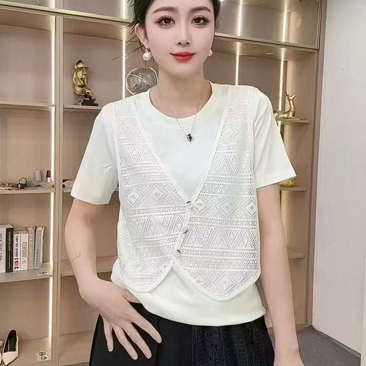 时尚百搭休闲风假两件短袖T恤女夏季新款圆领显瘦洋气设计感上衣