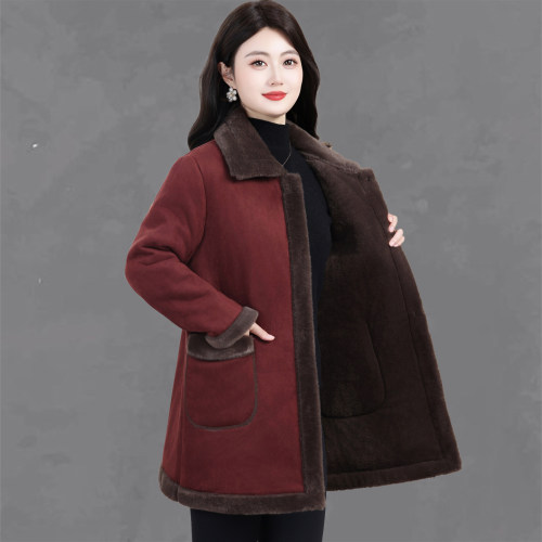 时尚皮毛一体外套女秋冬中长款加绒加厚宽松毛领大衣妈妈保暖棉衣