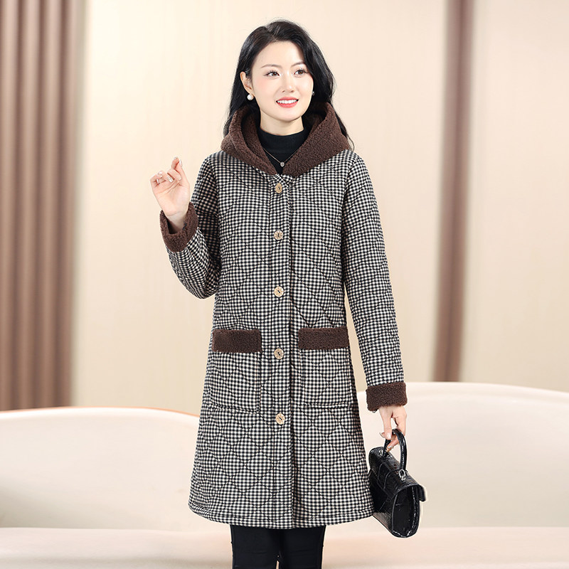 中老年妈妈秋冬加绒加厚格子棉衣中长款连帽罩衣女士洋气棉服外套