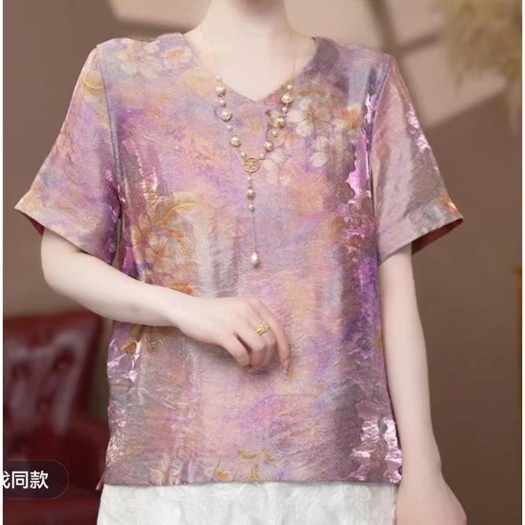 新中式V领短袖香云纱T恤女夏装新款气质显瘦浮光锦上衣服国风小衫