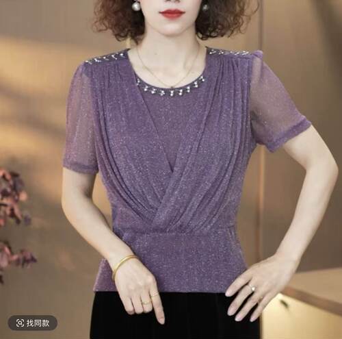 2026夏季时尚新款网纱交叉圆领短袖T恤女镶钻显瘦洋气妈妈装上衣