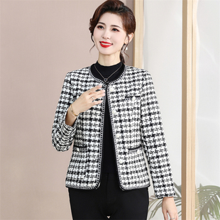 中年女士短款小香风外套春秋薄款长袖格子上衣妈妈装百搭显瘦夹克