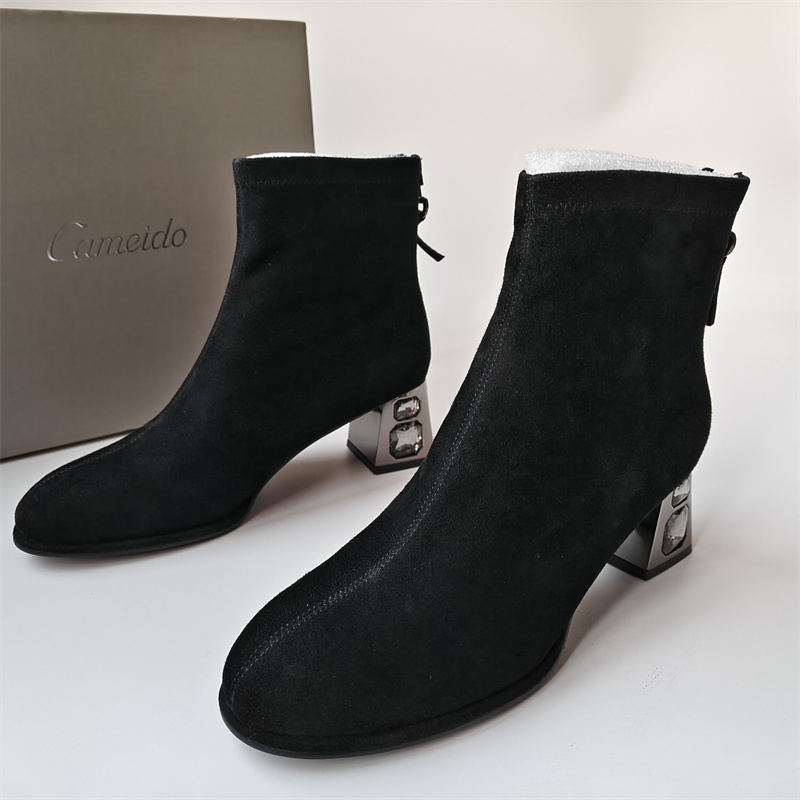Cameido/卡美多品牌撤柜真皮女鞋时尚粗高跟圆头瘦瘦靴气质短靴冬